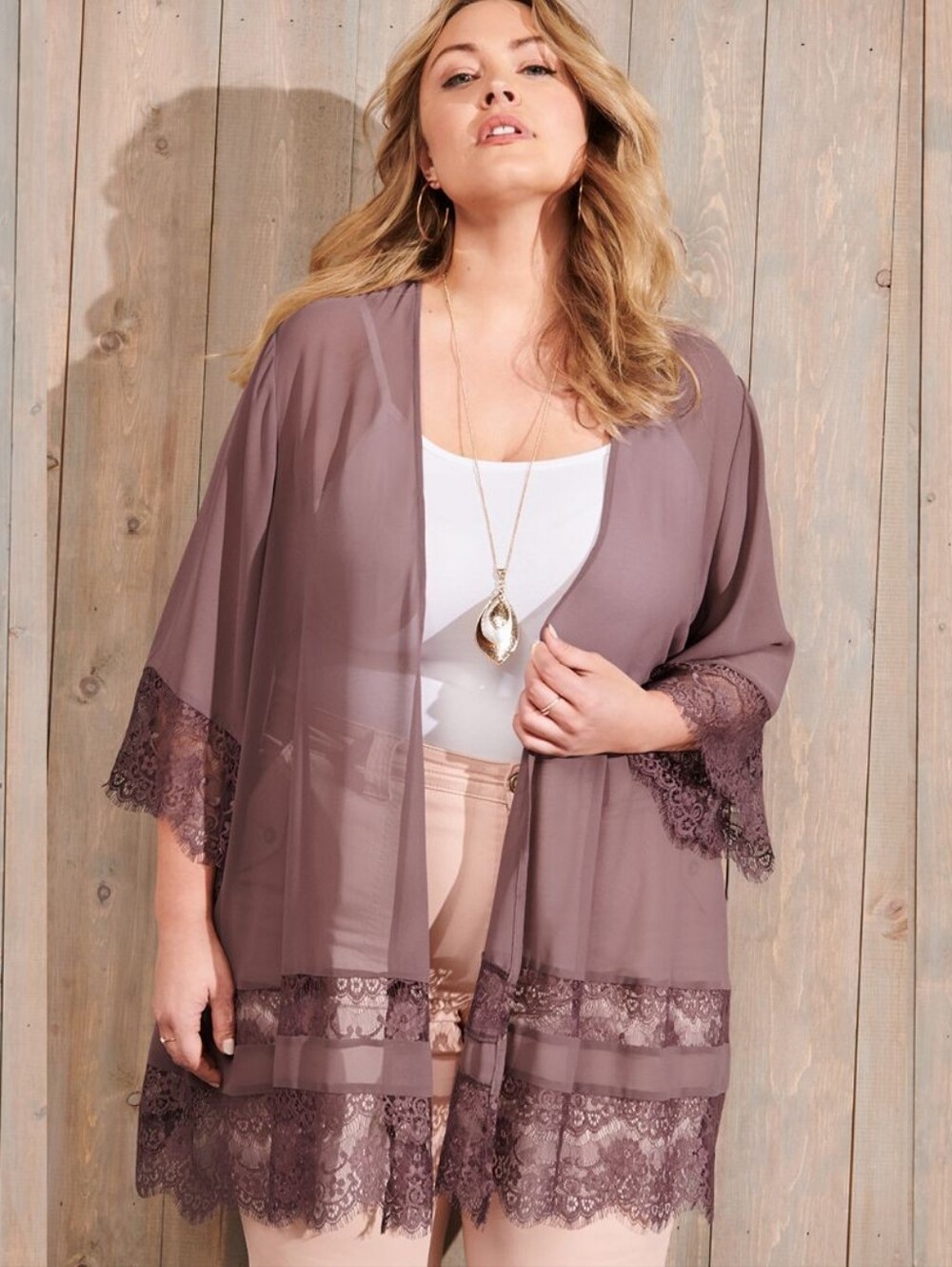 Torrid Sheer Chiffon Kimono Cardigan Scalloped Lace Plus Size 1/2 1x/2x